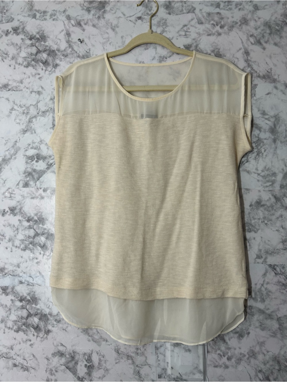 Ann Taylor Cream Sheer Yoke Short Sleeve Tunic
